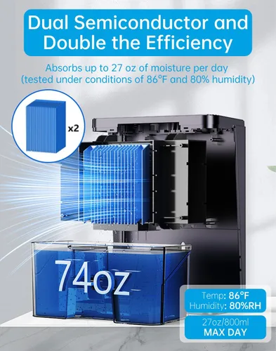 Vista 3 de MORFY Dehumidifier, 74 OZ Small Dehumidifier for Bedroom, Bathroom, RV, Closet, Dual-Semiconductor Quiet Dehumidifiers for Home Room with Drain