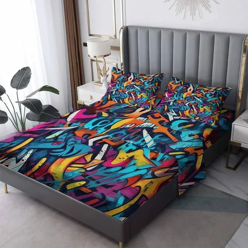 Vista 10 de Graffiti Sheets - Juego de sábanas tamaño individual, sábanas de microfibra suave, bolsillo profundo, sábanas y fundas de almohada estampadas sin