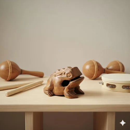 Vista 4 de Guiro Instrumentos Musicales de Percusión de Madera 3 Piezas, Set de 3 Ranas Güiro de Madera Natural 10-3.1-2.0 in (Ovillo Regalo de Oveja)