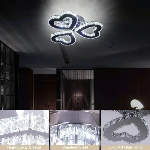 Vista 3 de Modern Crystal Chandelier 3 Heart Ring LED Flush Mount Ceiling Light Fixture Mini Chrome Chandeliers Ceiling Lamp for Living Room Bedroom Hallway