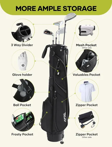 Vista 5 de Bolsa de golf pequeña, 3 divisores para hasta 8 palos, bolsa de soporte de golf con cubierta para lluvia, fácil de transportar y duradera, bolsa