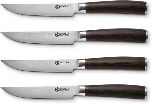 HexClad Juego de cuchillos para carne de espresso, 4 cuchillas de acero inoxidable de damasco, construcción de espiga completa, asas de madera de