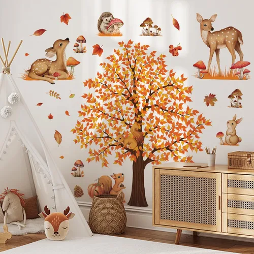 Vista 4 de 4 hojas de calcomanías de pared de árbol grande de otoño, árbol de arce, bosque de otoño, calcomanías de pared de bricolaje para despegar y pegar