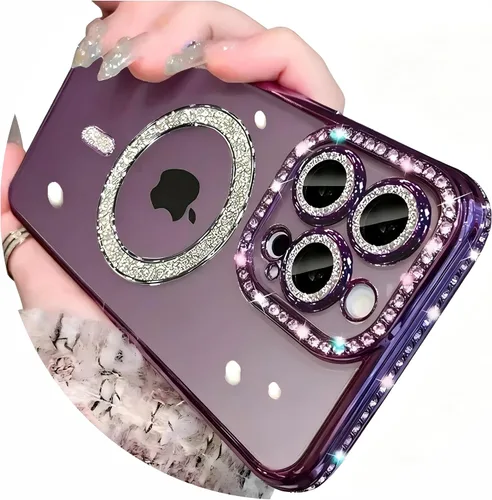 Vista 10 de Funda magnética con purpurina y diamante para iPhone 11 [Compatible con MagSafe] Protector de lente de cámara con brillo de strass, placa de cristal