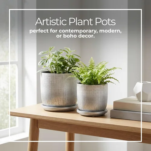 Vista 4 de Macetas de cerámica texturizada con platillo para decoración del hogar, macetas modernas y macetas para plantas de jardín, macetas elegantes
