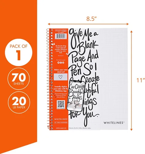 Vista 3 de Cuaderno en espiral ROARING SPRING Whitelines con rayas cuadriculadas, descargue digitalmente sus notas con la aplicación GRATIS, papel premium