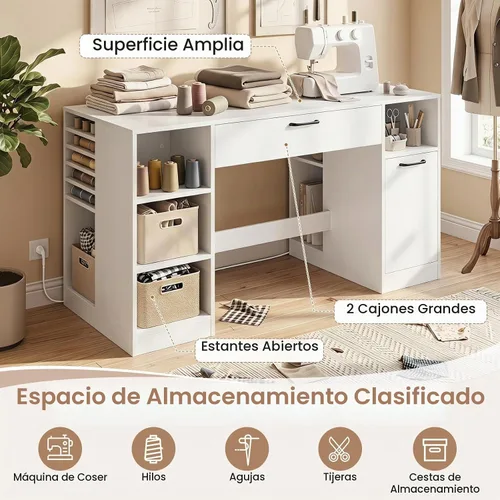 Vista 2 de COSTWAY Sewing Machine Table with Power Outlets, Massive Storage (White) 53” Craft Station Desk with 2 Drawers, Open Compartments, 5 Removable