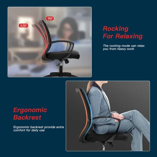 Vista 4 de Silla de malla para computadora de oficina, ergonómica, con respaldo medio, giratoria, con reposabrazos, altura ajustable, soporte lumbar x