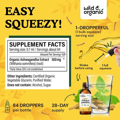 Vista 3 de Wild & Organic Ashwagandha - Gotas líquidas – Extracto de raíz de Ashwagandha calmante para la relajación – Suministro de 1 mes – Suplementos