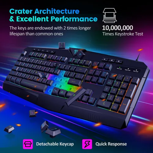 Vista 5 de Teclado para videojuegos, teclado silencioso con retroiluminación RGB de tamaño completo, reposamuñecas, teclas silenciosas, teclas multimedia