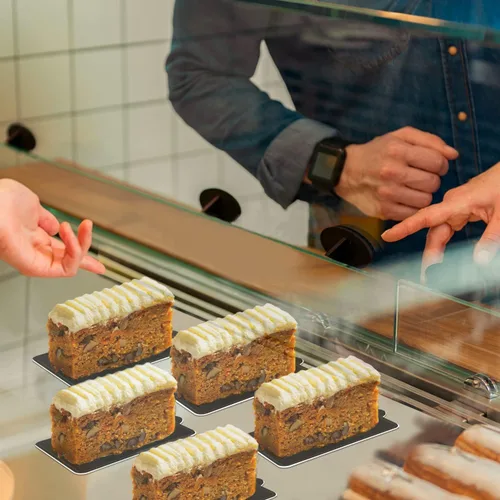 Vista 4 de 200 mini tablas para tartas, tableros de mousse negro, mini bases para pasteles, placas de papel para pasteles, bandejas de exhibición de postres