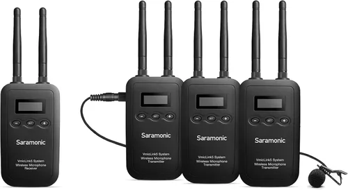 Vista 4 de Saramonic Sistema de micrófono Lavalier inalámbrico de 5.8 GHz para 3 personas con receptor de 3 canales (VmicLink5 RX+TX+TX+TX)
