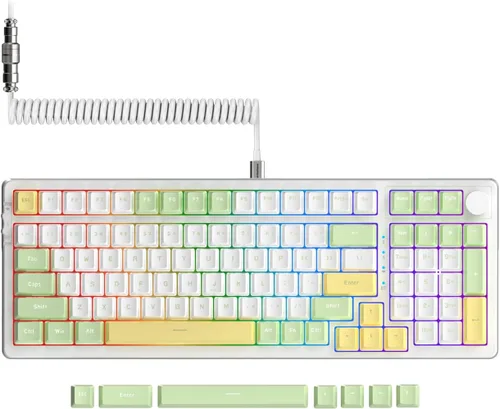 AJAZZ - Teclado mecánico inalámbrico de 99 teclas con cable en espiral, Bluetooth 5.02.4Gteclado para juegos con cable, teclado de interruptor azul