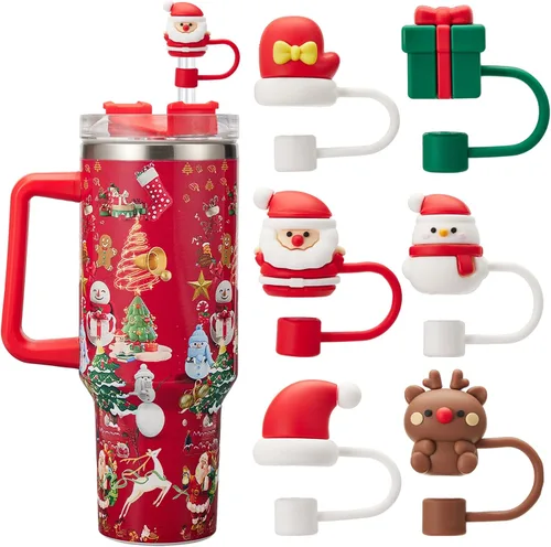 6 piezas de cubiertas de pajita con tapa para vaso Stanley de Navidad, tapa superior de pajita de silicona para vaso Stanley de 30 y 40 oz con asa,