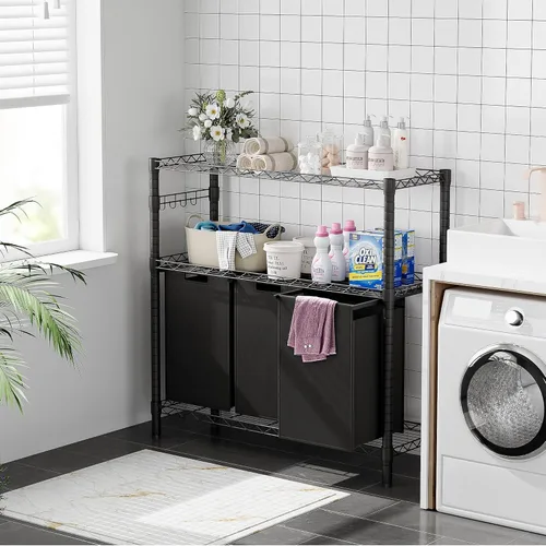 Vista 7 de IDEALHOUSE Clasificador de 3 cestas de lavandería 2024 – Cesta plegable con 3 bolsas de lavandería de 45 L y estante de almacenamiento ajustable
