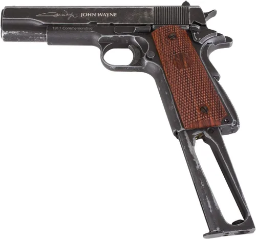 Vista 5 de Pistola de aire John Wayne 1911 de metal CO2 BB, empuñaduras marrones