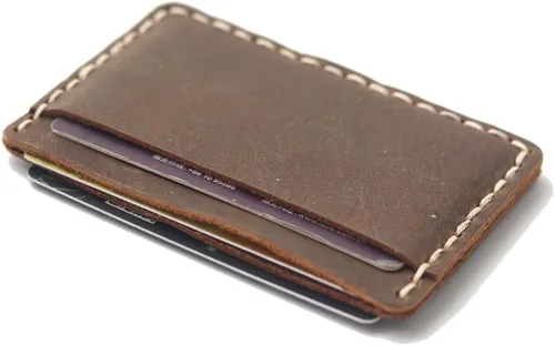 Vista 5 de Tarjetero de bolsillo frontal hecho a mano, tarjetero minimalista de cuero, soporte para tarjetas de crédito, 3 ranuras para tarjetas