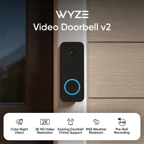 Vista 2 de Wyze Timbre de video v2, con cable, video 2K, audio bidireccional, visión nocturna a color, compatible con Alexa y Google Assistant, negro (renovado)