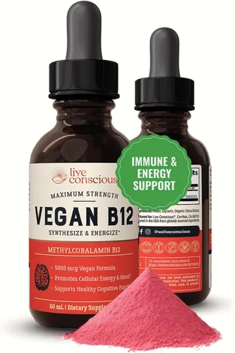 Vista 9 de Live Conscious Gotas líquidas sublinguales de vitamina B12 vegana Metilcobalamina Fuerza máxima B12 5000mcg Fórmula - Vitamina B 12 vegana