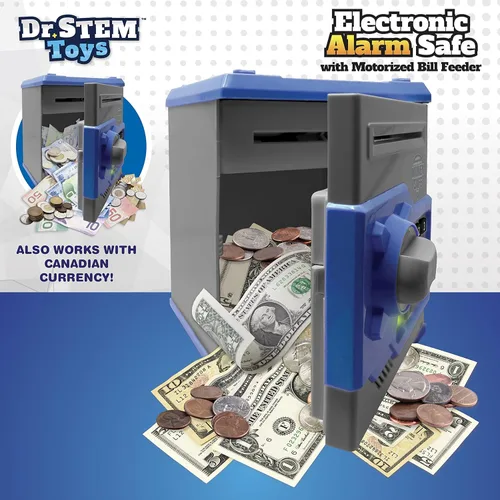 Vista 4 de Dr. STEM Toys Alarma electrónica segura para niños, alcancía de cajero automático con dinero real con luces divertidas y efectos de sonido