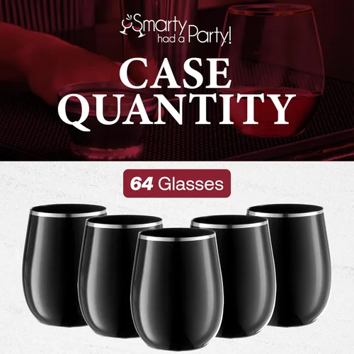Vista 8 de Smarty Had A Party Copas de vino de 12 onzas – 64 copas de vino de plástico sin tallo negro con borde plateado, vasos desechables irrompibles