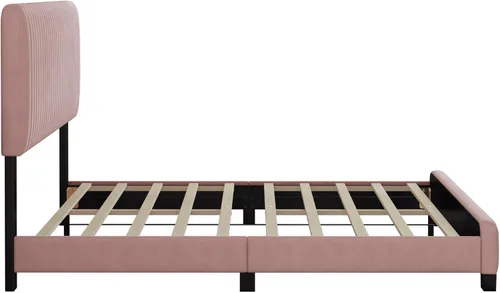 Vista 41 de Elegante cama con plataforma tapizada de terciopelo de tamaño Queen con cabecero, para niños, niñas y adolescentes (beige @cabecero/, Queen)