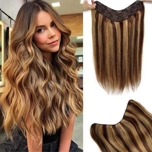 Vista 8 de Extensiones de cabello humano real con clip, de 14 pulgadas, color castaño ondulado, con reflejos, color rubio, doble trama, parte en U, una pieza