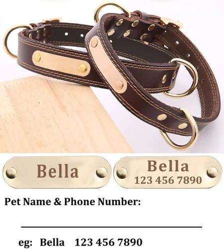 Vista 3 de Collares de perro personalizados – Collar de cuero personalizado con placa de nombre grabada – Collar de perro de cuero suave personalizado