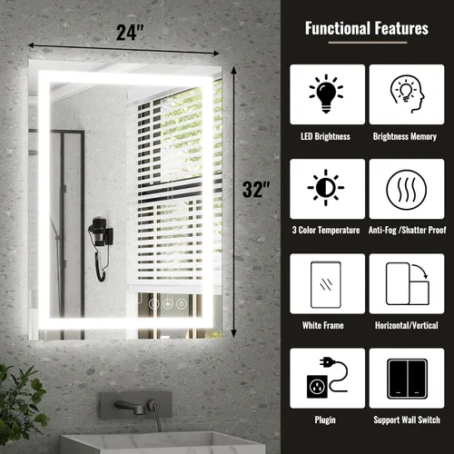 Vista 4 de Easly - Espejo de baño LED de 24x32 pulgadas con función antiempañamiento y memoria - Iluminación dual (retroiluminación + iluminación frontal), 3