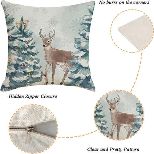 Vista 3 de Juego de 4 fundas de almohada de Navidad de 18 x 18 pulgadas, decoración de Navidad, árbol de Navidad, renos, fundas de cojín de casa de campo