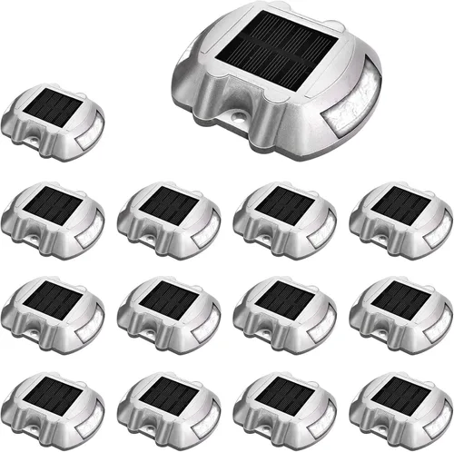 Vista 23 de JIGUOOR Luces solares para cubierta LED, luces de entrada, luz solar, luz de muelle para exteriores, IP68, impermeables, marcadores de carretera Rojo