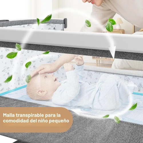 Vista 2 de Moisés para bebé 3 en 1, cuna junto a la cama con cesta de almacenamiento y ruedas, cuna portátil con mosquitero, 6 alturas ajustables y malla