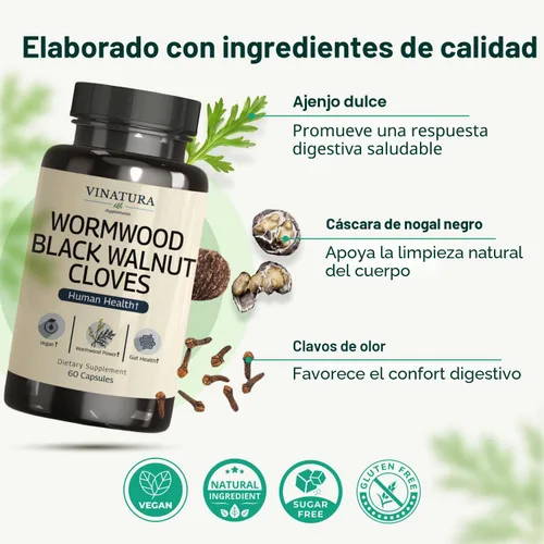Vista 2 de VINATURA Cápsulas de clavo de nogal negro de ajenjo, fórmula de limpieza, desintoxicación, protector intestinal para humanos, con hierba de ajenjo