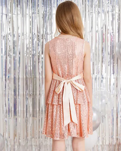 Vista 4 de Danna Belle Vestido de lentejuelas para niñas, sin mangas, para fiesta, cumpleaños, vestidos de doble capa, 6-14