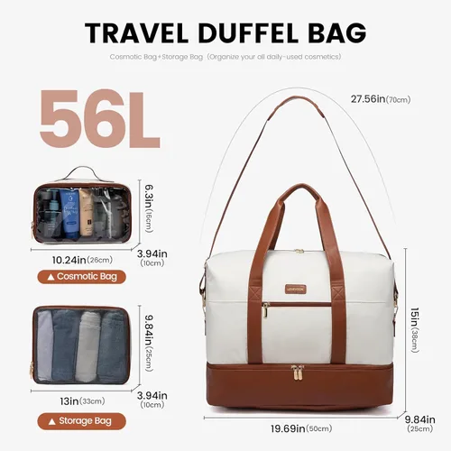 Vista 3 de LOVEVOOK Bolsa de fin de semana, bolsa de viaje grande para mujer con 2 cubos de embalaje, bolsa de mano con compartimento para zapatos, bolsas