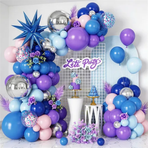 Vista 13 de Kit de guirnalda de arco de globos de color azul, blanco y plateado con globos de bola de discoteca, globos de papel de aluminio de estrella