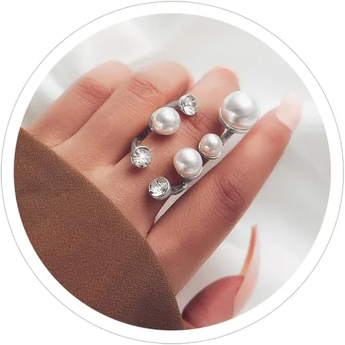 Cicod Anillo de perlas vintage, apilables, anillos de perlas ajustables, anillo de dedo completo de perlas abiertas, joyería de moda para mujeres y