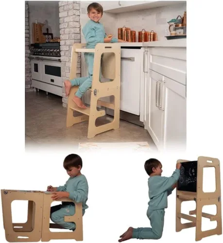Vista 10 de Avenlur Date - Taburete plegable 4 en 1 para niños pequeños con pizarra, escritorio y silla, taburete de cocina estilo Montessori y Waldorf