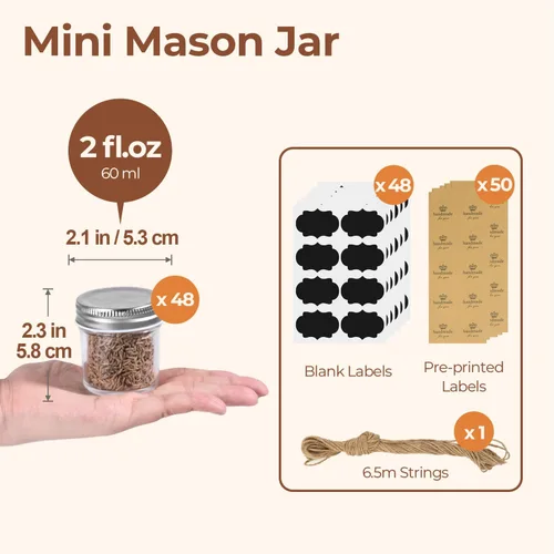 Vista 2 de ComSaf Frascos Mason Pequeños de 2 oz, 48 Piezas Mini Contenedores Mason, Frascos Pequeños para Conservas, Mini Frasco de Vidrio con Tapas