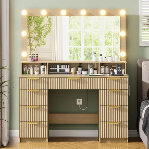Vista 15 de Escritorio negro con espejo y luces, tocador de maquillaje con 9 cajones, 6 estantes y toma de corriente, espejo de pantalla táctil, tocador