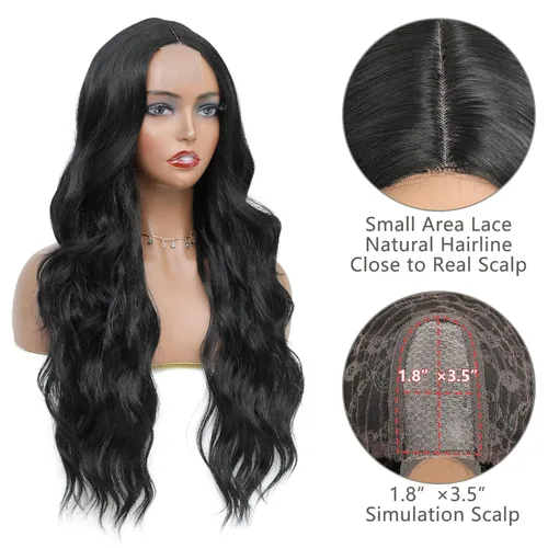 Vista 4 de CLIONE Pelucas largas onduladas negras para mujer, parte media, peluca de encaje frontal ondulado, color negro, cabello sintético, peluca larga 6#