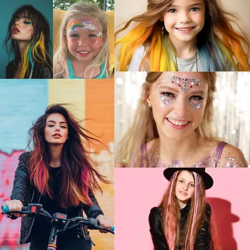 Vista 9 de Extensiones de cabello de colores, extensión de cabello liso con clip de 22 pulgadas, extensiones de cabello con brillantina multicolor arcoíris