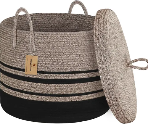 Vista 10 de Cesta de almacenamiento grande de 18" X 18" X 14" con tapa, cesta para mantas de sala de estar, caja de almacenamiento de cuerda de algodón tejida