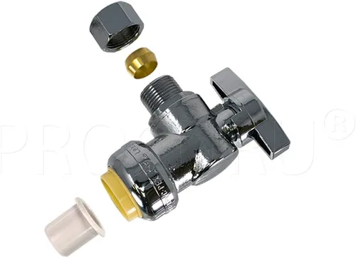 Vista 2 de PROCURU PushFit - Válvula de parada angular de 1/2 pulgada de empuje x 3/8 pulgadas de diámetro exterior Comp, válvula de cierre de latón de un
