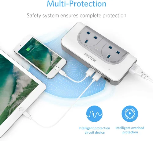 Vista 6 de BESTEK Convertidor de voltaje de 200 W de 100 V a 240 V con 4 puertos USB de carga All World Contries to US Travel Charger (blanco)