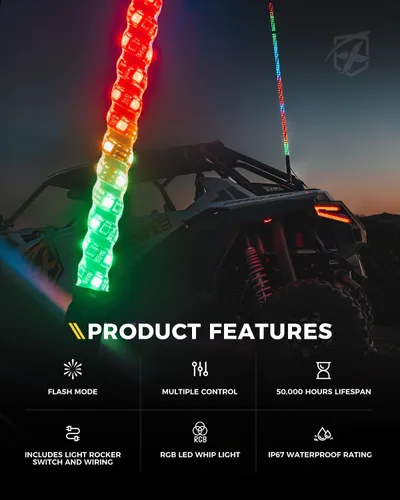 Vista 8 de Xprite 1 unidad de luz LED RGBW de 2 pies con base de resorte, luces de látigo con antena iluminada controladas por aplicación y control remoto
