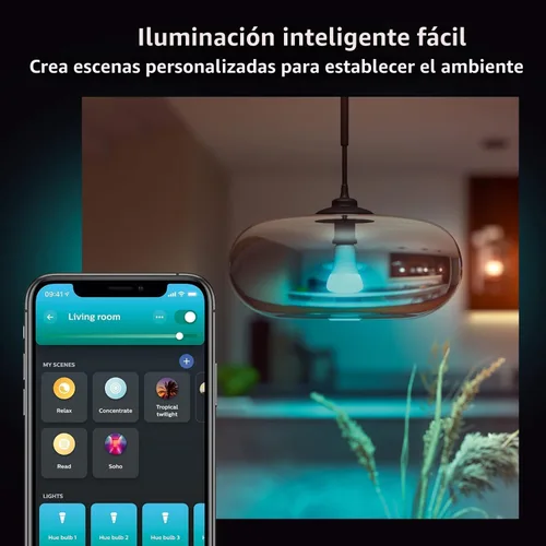 Vista 4 de Philips Hue Bombilla LED inteligente A21 de 100 W, luz blanca y de color que cambia de color, 1 paquete, 1600 lúmenes, E26, interior, control