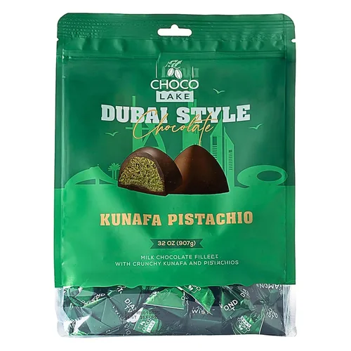 Choco Lake Original Dubai Style Kunafa Pistachio Chocolate, bolsa a granel de 32 onzas – Chocolate con leche relleno de Kunafa crujiente y