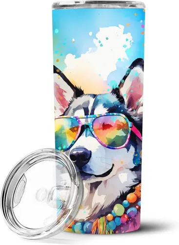 Vista 114 de Caroline's Treasures Siberian Husky Hippie Dawg - Vaso delgado de acero inoxidable al vacío de doble pared reutilizable, vaso aislado para café