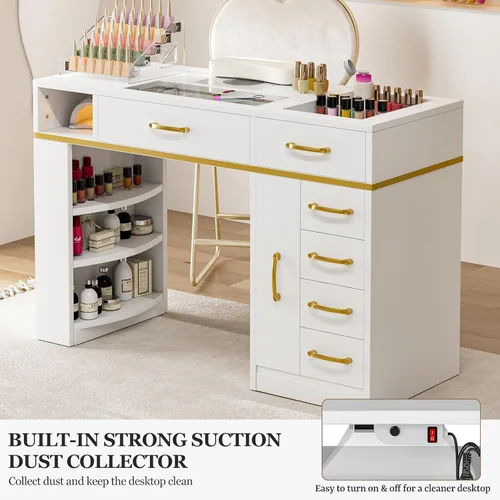 Vista 4 de Estación de manicura para uñas para tecnología de uñas, mesa de uñas con parte superior de cristal, resistente a la acetona con colector de polvo, 7